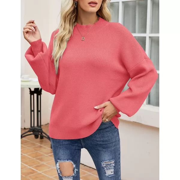 imageZESICA Womens 2023 Casual Turtleneck Long Lantern Sleeve Oversized Ribbed Knit Pullover Sweater Jumper TopWatermelon
