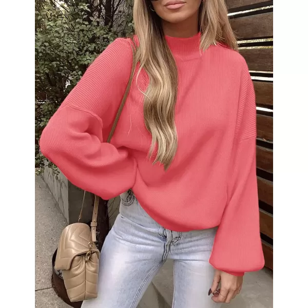 imageZESICA Womens 2023 Casual Turtleneck Long Lantern Sleeve Oversized Ribbed Knit Pullover Sweater Jumper TopWatermelon
