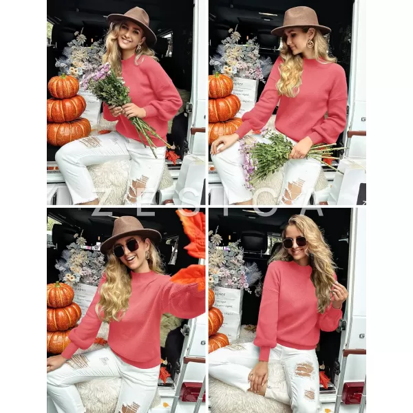 imageZESICA Womens 2023 Casual Turtleneck Long Lantern Sleeve Oversized Ribbed Knit Pullover Sweater Jumper TopWatermelon
