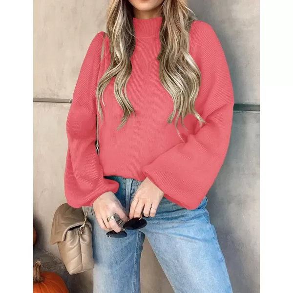 imageZESICA Womens 2023 Casual Turtleneck Long Lantern Sleeve Oversized Ribbed Knit Pullover Sweater Jumper TopWatermelon