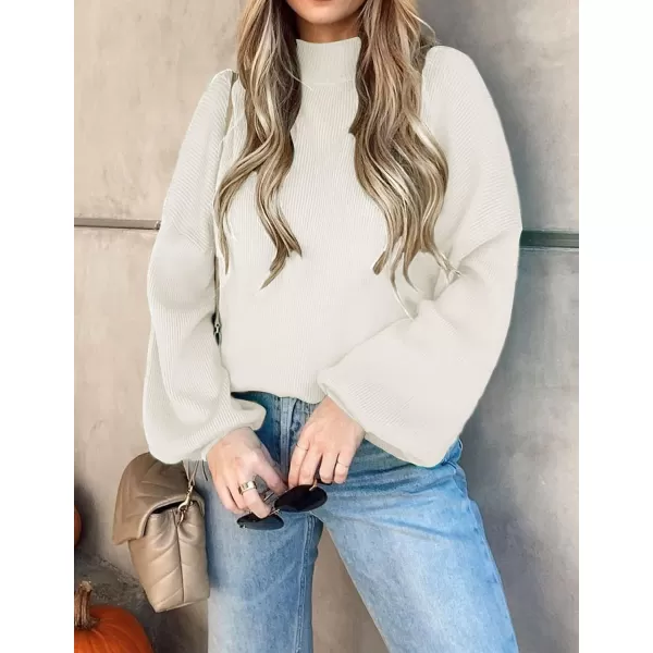 imageZESICA Womens 2023 Casual Turtleneck Long Lantern Sleeve Oversized Ribbed Knit Pullover Sweater Jumper TopWhite
