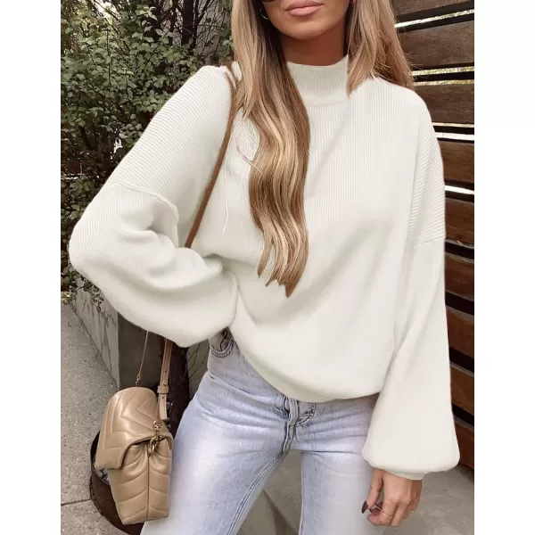 imageZESICA Womens 2023 Casual Turtleneck Long Lantern Sleeve Oversized Ribbed Knit Pullover Sweater Jumper TopWhite