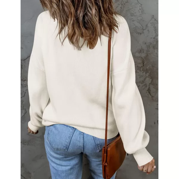 imageZESICA Womens 2023 Casual Turtleneck Long Lantern Sleeve Oversized Ribbed Knit Pullover Sweater Jumper TopWhite
