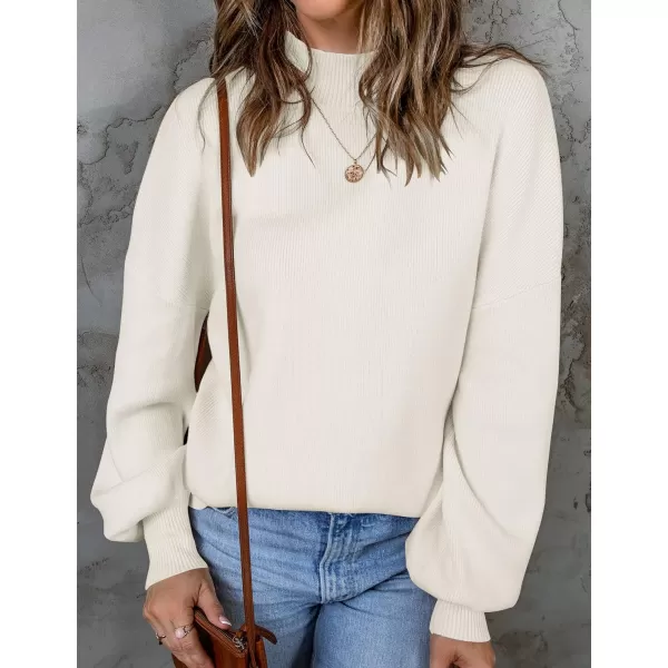 imageZESICA Womens 2023 Casual Turtleneck Long Lantern Sleeve Oversized Ribbed Knit Pullover Sweater Jumper TopWhite