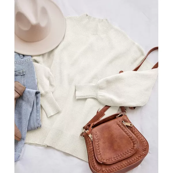 imageZESICA Womens 2023 Casual Turtleneck Long Lantern Sleeve Oversized Ribbed Knit Pullover Sweater Jumper TopWhite