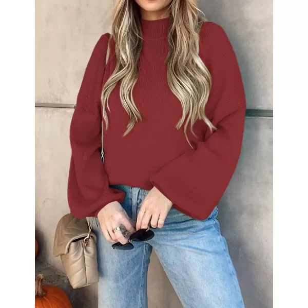imageZESICA Womens 2023 Casual Turtleneck Long Lantern Sleeve Oversized Ribbed Knit Pullover Sweater Jumper TopWine
