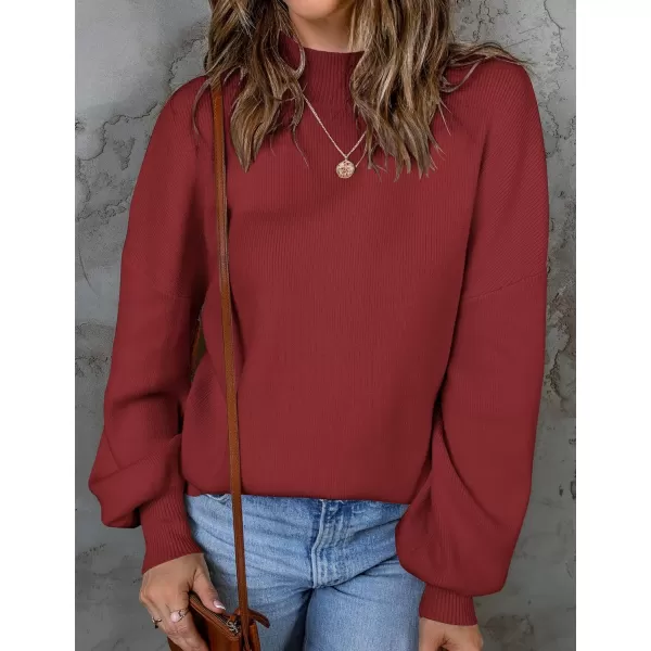 imageZESICA Womens 2023 Casual Turtleneck Long Lantern Sleeve Oversized Ribbed Knit Pullover Sweater Jumper TopWine