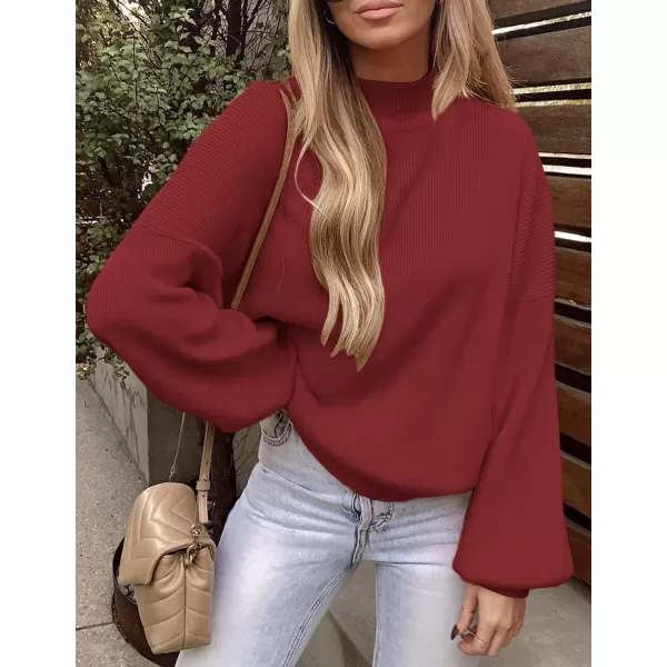 imageZESICA Womens 2023 Casual Turtleneck Long Lantern Sleeve Oversized Ribbed Knit Pullover Sweater Jumper TopWine