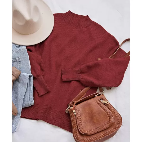 imageZESICA Womens 2023 Casual Turtleneck Long Lantern Sleeve Oversized Ribbed Knit Pullover Sweater Jumper TopWine