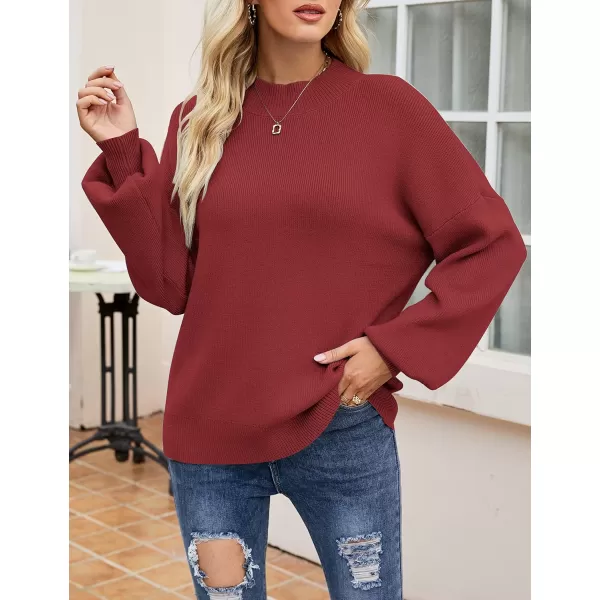 imageZESICA Womens 2023 Casual Turtleneck Long Lantern Sleeve Oversized Ribbed Knit Pullover Sweater Jumper TopWine