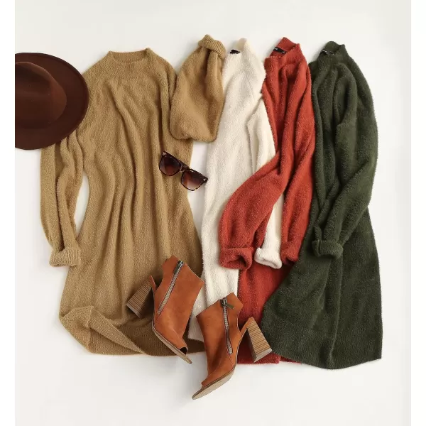 imageZESICA Womens 2023 Casual Turtleneck Long Puff Sleeve Soft Fuzzy Knit Bodycon Pullover Mini Sweater DressApricot