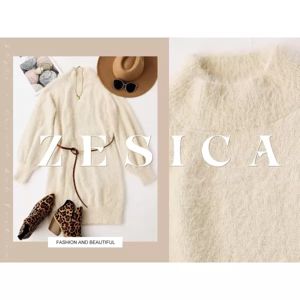 imageZESICA Womens 2023 Casual Turtleneck Long Puff Sleeve Soft Fuzzy Knit Bodycon Pullover Mini Sweater DressApricot