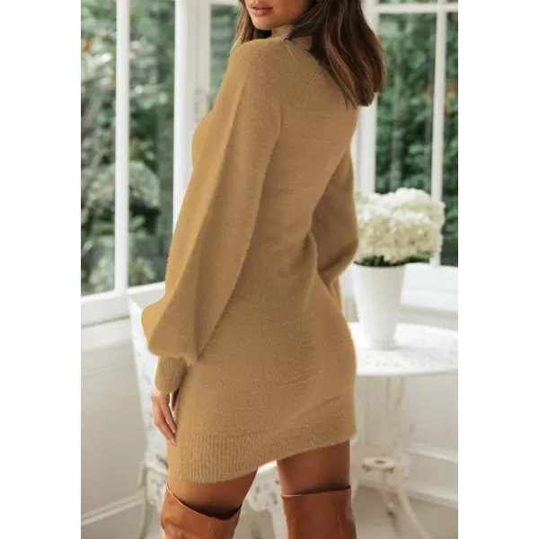 imageZESICA Womens 2023 Casual Turtleneck Long Puff Sleeve Soft Fuzzy Knit Bodycon Pullover Mini Sweater DressCamel