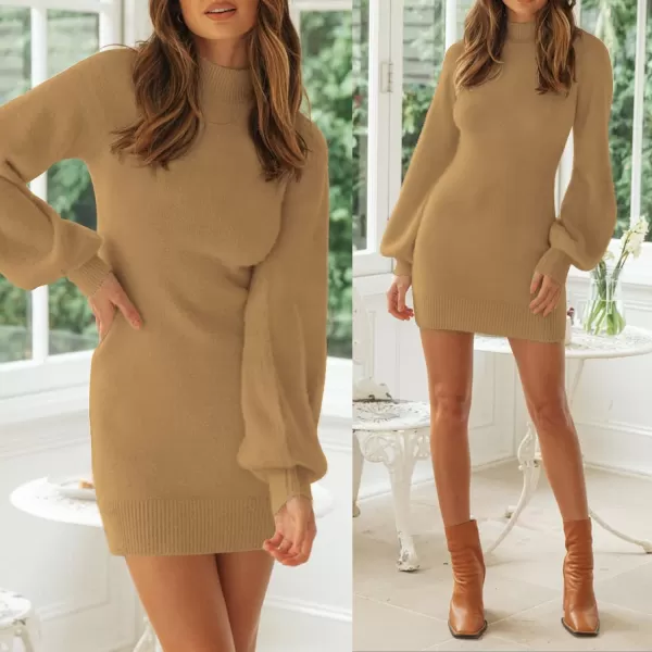 imageZESICA Womens 2023 Casual Turtleneck Long Puff Sleeve Soft Fuzzy Knit Bodycon Pullover Mini Sweater DressCamel