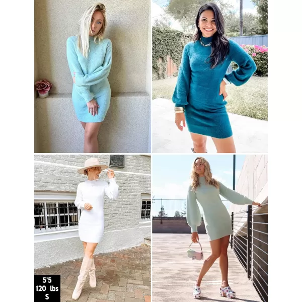 imageZESICA Womens 2023 Casual Turtleneck Long Puff Sleeve Soft Fuzzy Knit Bodycon Pullover Mini Sweater DressCamel