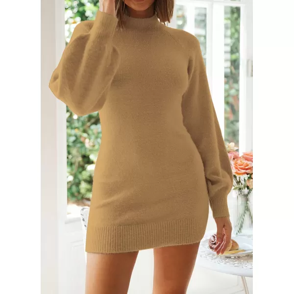 imageZESICA Womens 2023 Casual Turtleneck Long Puff Sleeve Soft Fuzzy Knit Bodycon Pullover Mini Sweater DressCamel