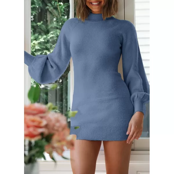 imageZESICA Womens 2023 Casual Turtleneck Long Puff Sleeve Soft Fuzzy Knit Bodycon Pullover Mini Sweater DressDarkblue