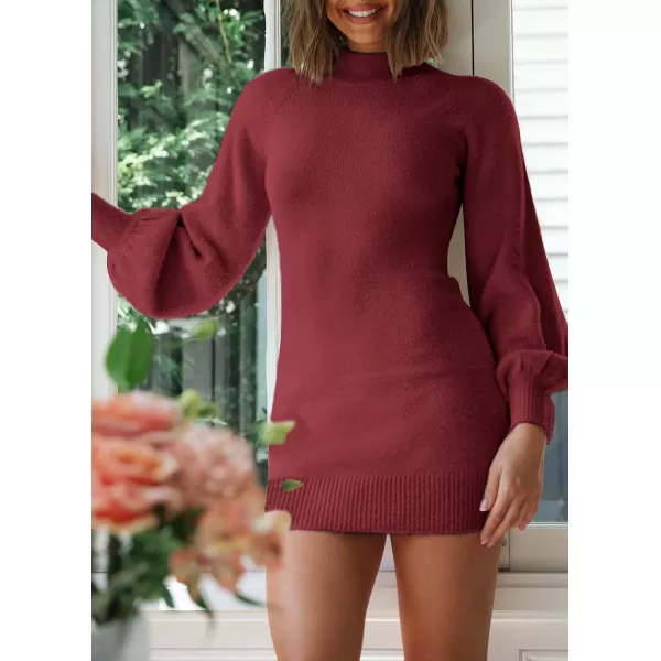 imageZESICA Womens 2023 Casual Turtleneck Long Puff Sleeve Soft Fuzzy Knit Bodycon Pullover Mini Sweater DressDarkred