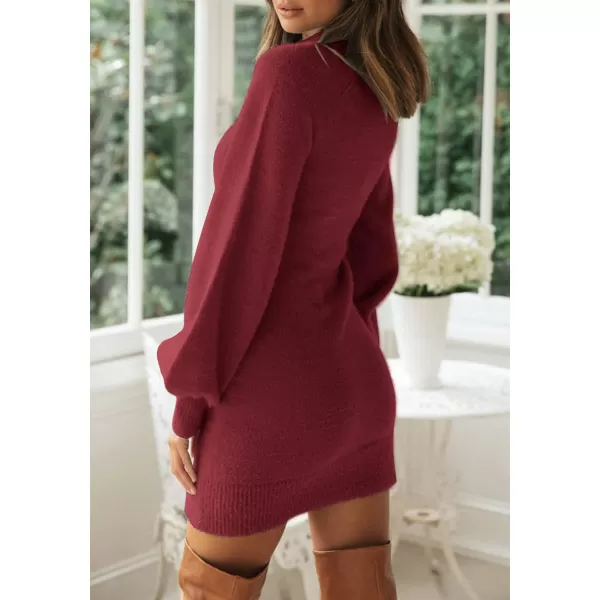 imageZESICA Womens 2023 Casual Turtleneck Long Puff Sleeve Soft Fuzzy Knit Bodycon Pullover Mini Sweater DressDarkred
