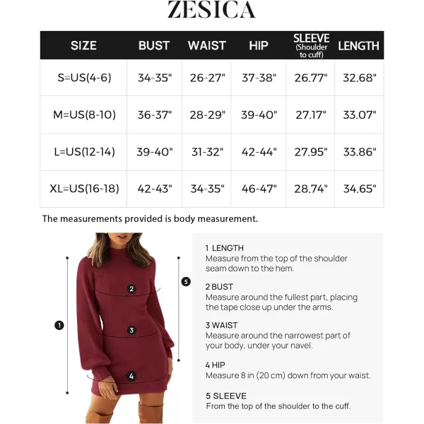 imageZESICA Womens 2023 Casual Turtleneck Long Puff Sleeve Soft Fuzzy Knit Bodycon Pullover Mini Sweater DressDarkred