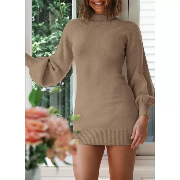 imageZESICA Womens 2023 Casual Turtleneck Long Puff Sleeve Soft Fuzzy Knit Bodycon Pullover Mini Sweater DressKhaki