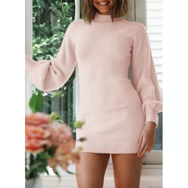 imageZESICA Womens 2023 Casual Turtleneck Long Puff Sleeve Soft Fuzzy Knit Bodycon Pullover Mini Sweater DressLightpink