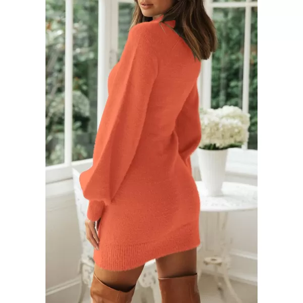 imageZESICA Womens 2023 Casual Turtleneck Long Puff Sleeve Soft Fuzzy Knit Bodycon Pullover Mini Sweater DressOrange