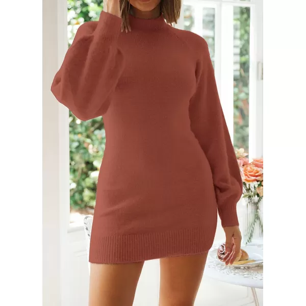 imageZESICA Womens 2023 Casual Turtleneck Long Puff Sleeve Soft Fuzzy Knit Bodycon Pullover Mini Sweater DressRust