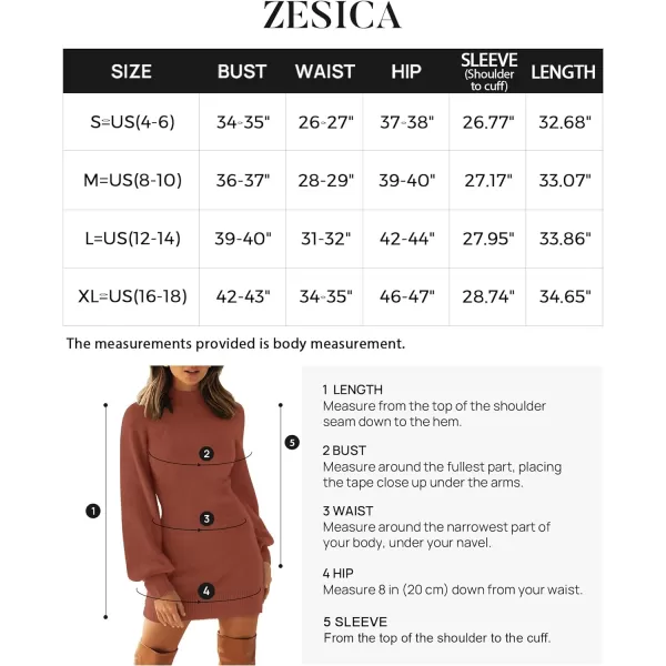 imageZESICA Womens 2023 Casual Turtleneck Long Puff Sleeve Soft Fuzzy Knit Bodycon Pullover Mini Sweater DressRust