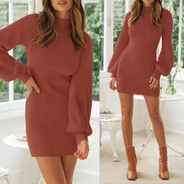 imageZESICA Womens 2023 Casual Turtleneck Long Puff Sleeve Soft Fuzzy Knit Bodycon Pullover Mini Sweater DressRust