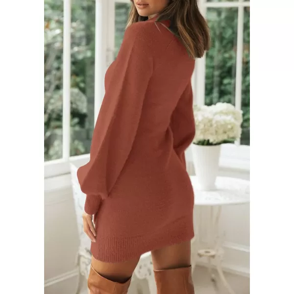 imageZESICA Womens 2023 Casual Turtleneck Long Puff Sleeve Soft Fuzzy Knit Bodycon Pullover Mini Sweater DressRust
