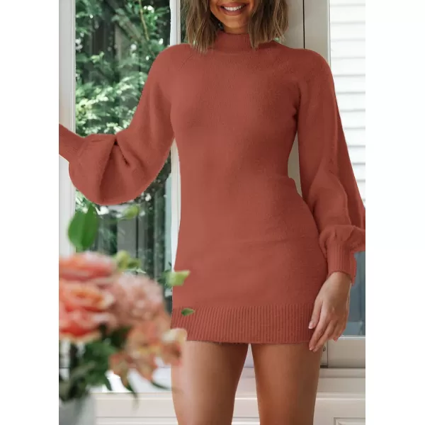 imageZESICA Womens 2023 Casual Turtleneck Long Puff Sleeve Soft Fuzzy Knit Bodycon Pullover Mini Sweater DressRust