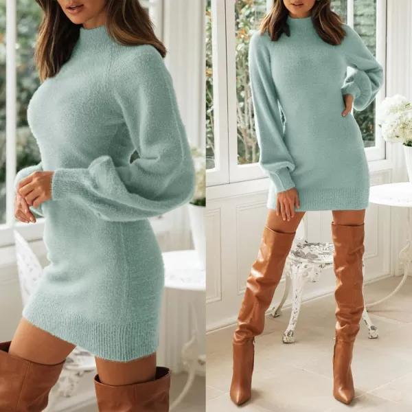 imageZESICA Womens 2023 Casual Turtleneck Long Puff Sleeve Soft Fuzzy Knit Bodycon Pullover Mini Sweater DressSage