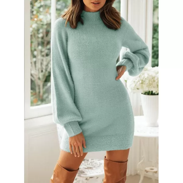 imageZESICA Womens 2023 Casual Turtleneck Long Puff Sleeve Soft Fuzzy Knit Bodycon Pullover Mini Sweater DressSage