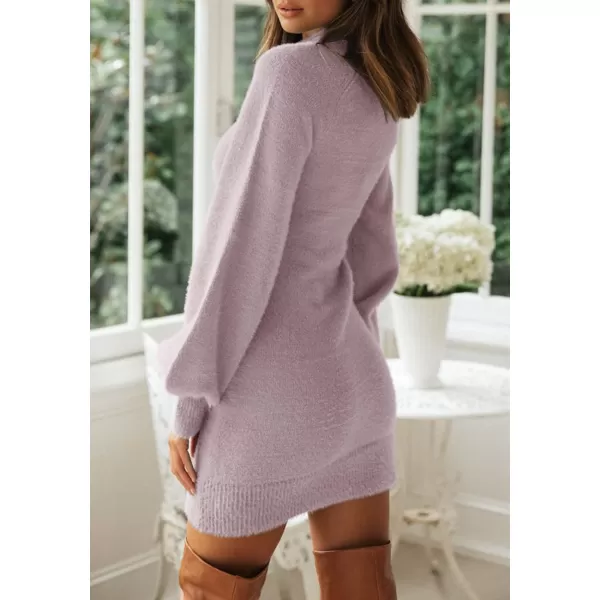 imageZESICA Womens 2023 Casual Turtleneck Long Puff Sleeve Soft Fuzzy Knit Bodycon Pullover Mini Sweater DressTaro