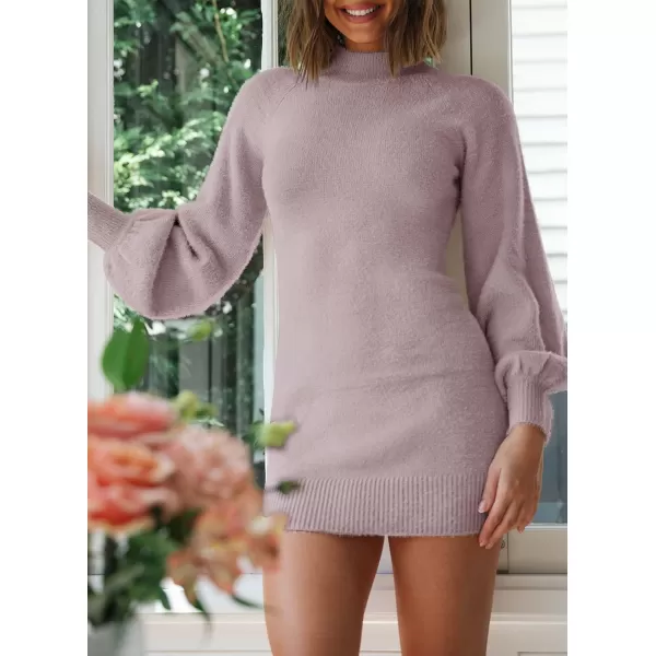 imageZESICA Womens 2023 Casual Turtleneck Long Puff Sleeve Soft Fuzzy Knit Bodycon Pullover Mini Sweater DressTaro