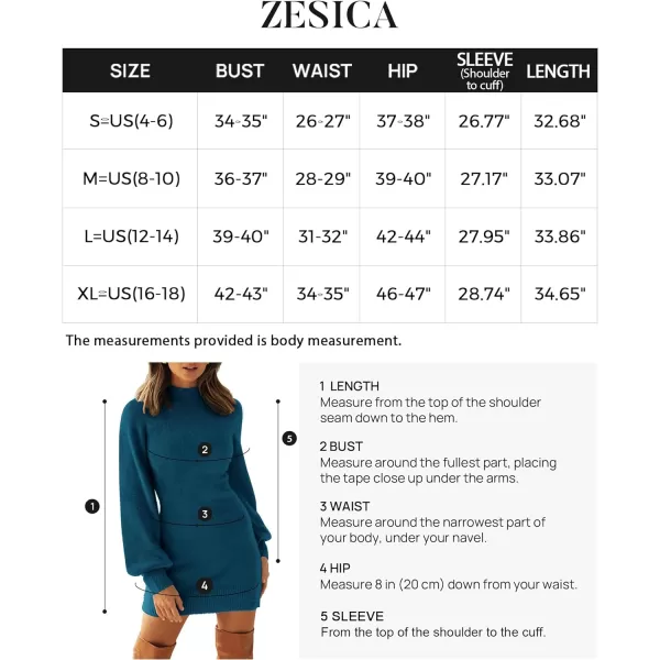 imageZESICA Womens 2023 Casual Turtleneck Long Puff Sleeve Soft Fuzzy Knit Bodycon Pullover Mini Sweater DressTeal