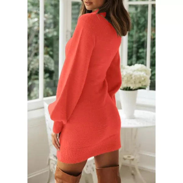 imageZESICA Womens 2023 Casual Turtleneck Long Puff Sleeve Soft Fuzzy Knit Bodycon Pullover Mini Sweater DressTomato
