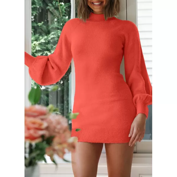 imageZESICA Womens 2023 Casual Turtleneck Long Puff Sleeve Soft Fuzzy Knit Bodycon Pullover Mini Sweater DressTomato