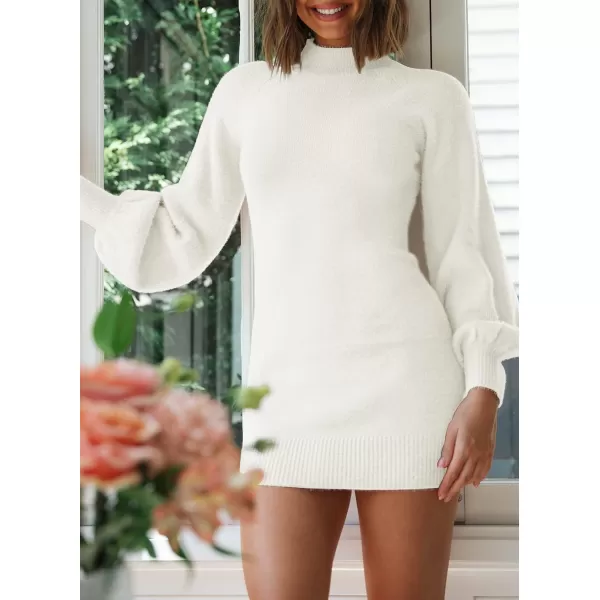 imageZESICA Womens 2023 Casual Turtleneck Long Puff Sleeve Soft Fuzzy Knit Bodycon Pullover Mini Sweater DressWhite