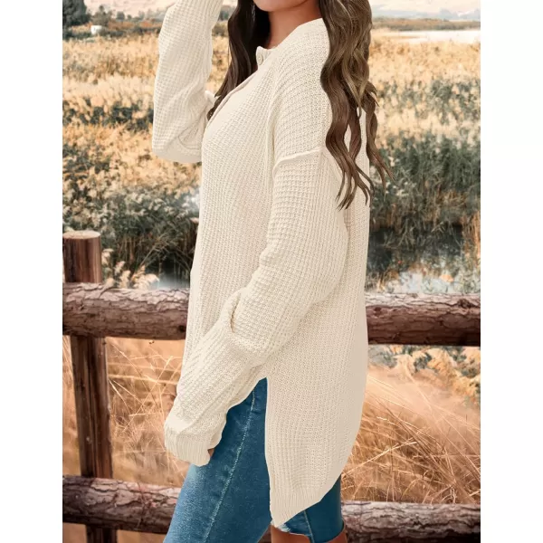 imageZESICA Womens 2023 Casual V Neck Sweater Loose Long Sleeve Waffle Knit Button Henley Pullover Jumper TopApricot
