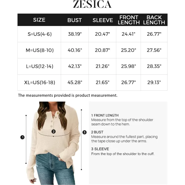 imageZESICA Womens 2023 Casual V Neck Sweater Loose Long Sleeve Waffle Knit Button Henley Pullover Jumper TopApricot