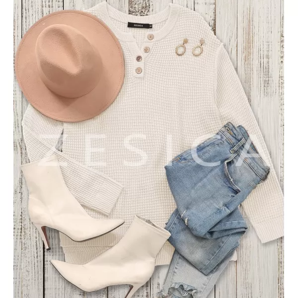 imageZESICA Womens 2023 Casual V Neck Sweater Loose Long Sleeve Waffle Knit Button Henley Pullover Jumper TopApricot