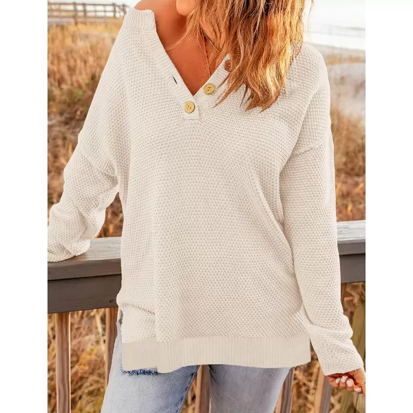 imageZESICA Womens 2023 Casual V Neck Sweater Loose Long Sleeve Waffle Knit Button Henley Pullover Jumper TopApricot