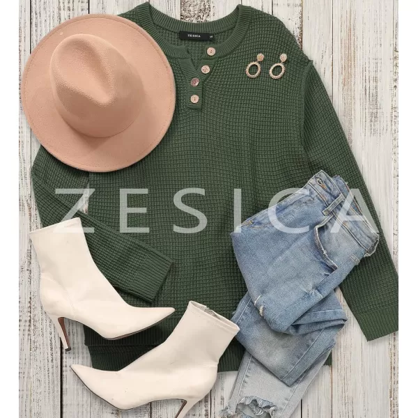 imageZESICA Womens 2023 Casual V Neck Sweater Loose Long Sleeve Waffle Knit Button Henley Pullover Jumper TopArmygreen