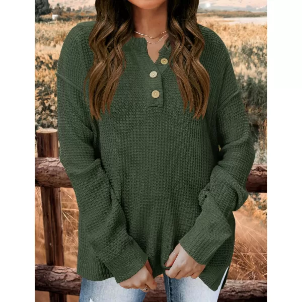 imageZESICA Womens 2023 Casual V Neck Sweater Loose Long Sleeve Waffle Knit Button Henley Pullover Jumper TopArmygreen