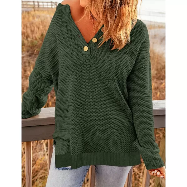 imageZESICA Womens 2023 Casual V Neck Sweater Loose Long Sleeve Waffle Knit Button Henley Pullover Jumper TopArmygreen