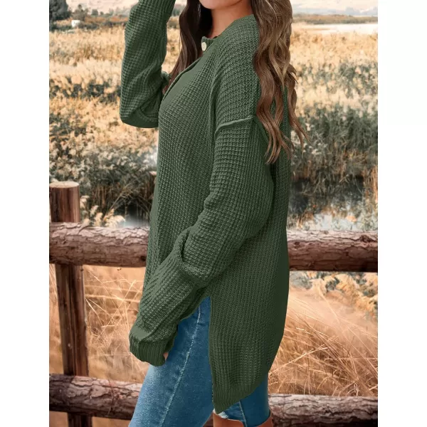 imageZESICA Womens 2023 Casual V Neck Sweater Loose Long Sleeve Waffle Knit Button Henley Pullover Jumper TopArmygreen