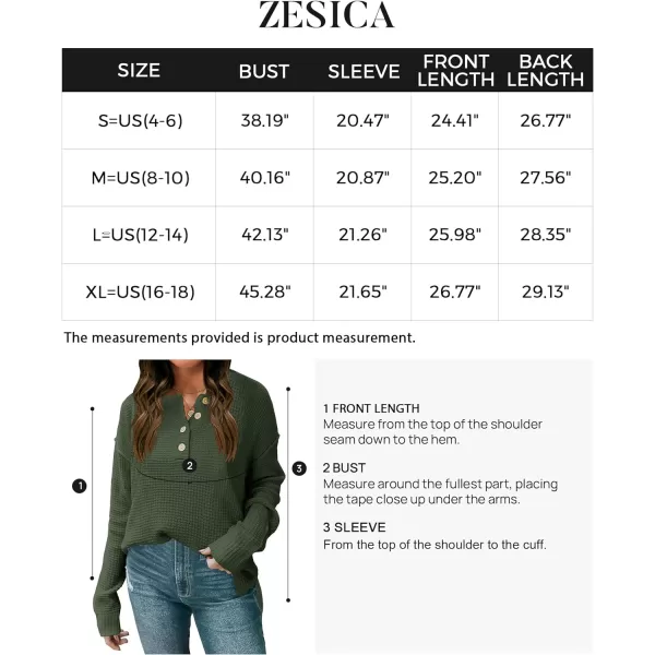 imageZESICA Womens 2023 Casual V Neck Sweater Loose Long Sleeve Waffle Knit Button Henley Pullover Jumper TopArmygreen