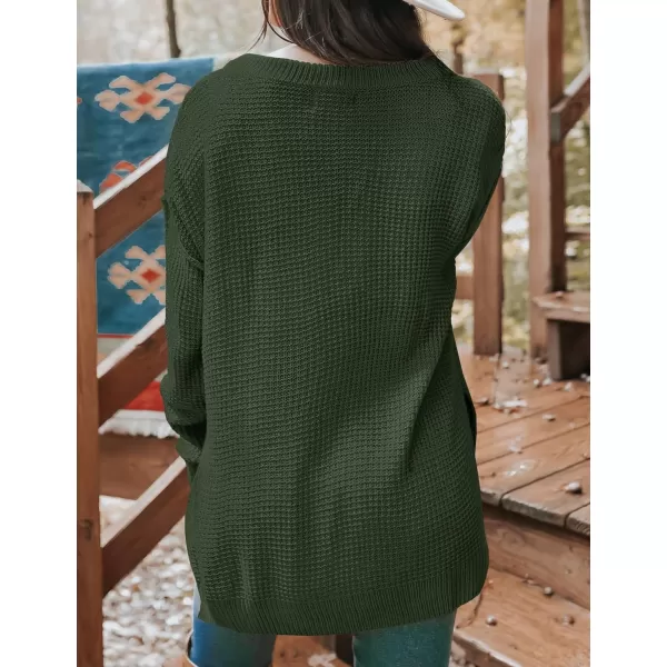 imageZESICA Womens 2023 Casual V Neck Sweater Loose Long Sleeve Waffle Knit Button Henley Pullover Jumper TopArmygreen